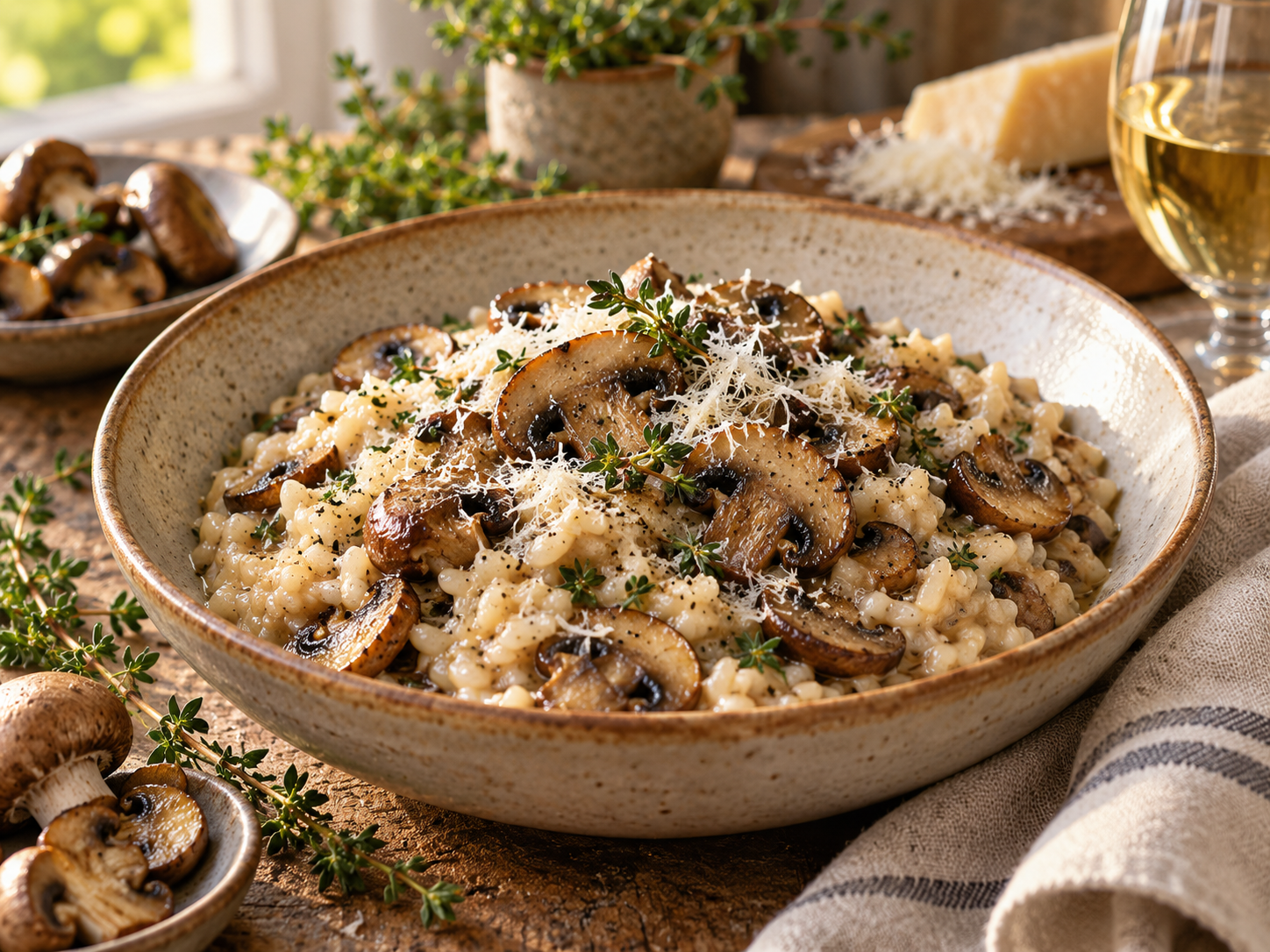 Creamy mushroom risotto finished with fresh thyme and Parmesan