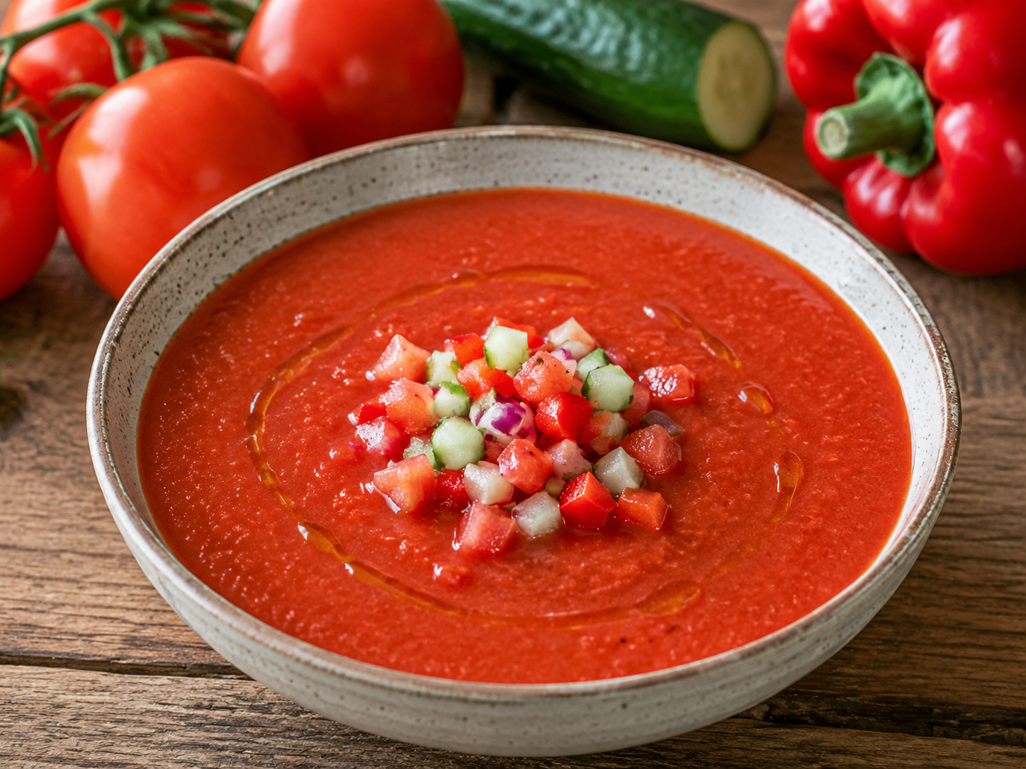 Chilled red tomato gazpacho topped with diced cucumber and bell pepper