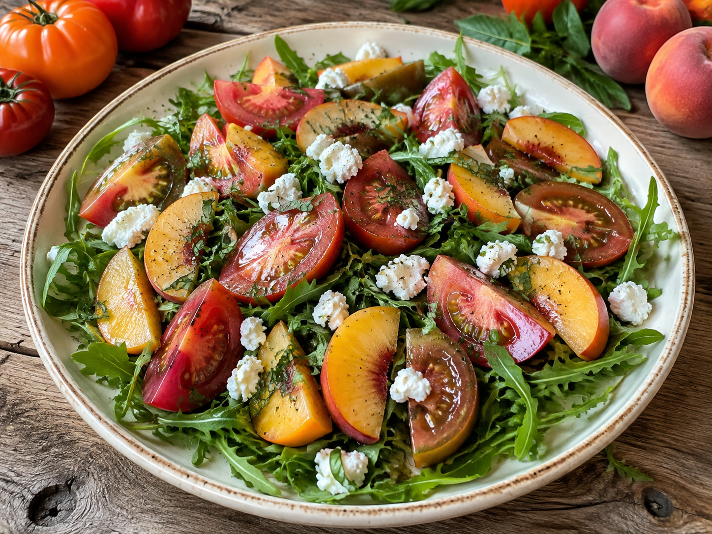 Heirloom tomato and peach salad with arugula, goat cheese and basil
