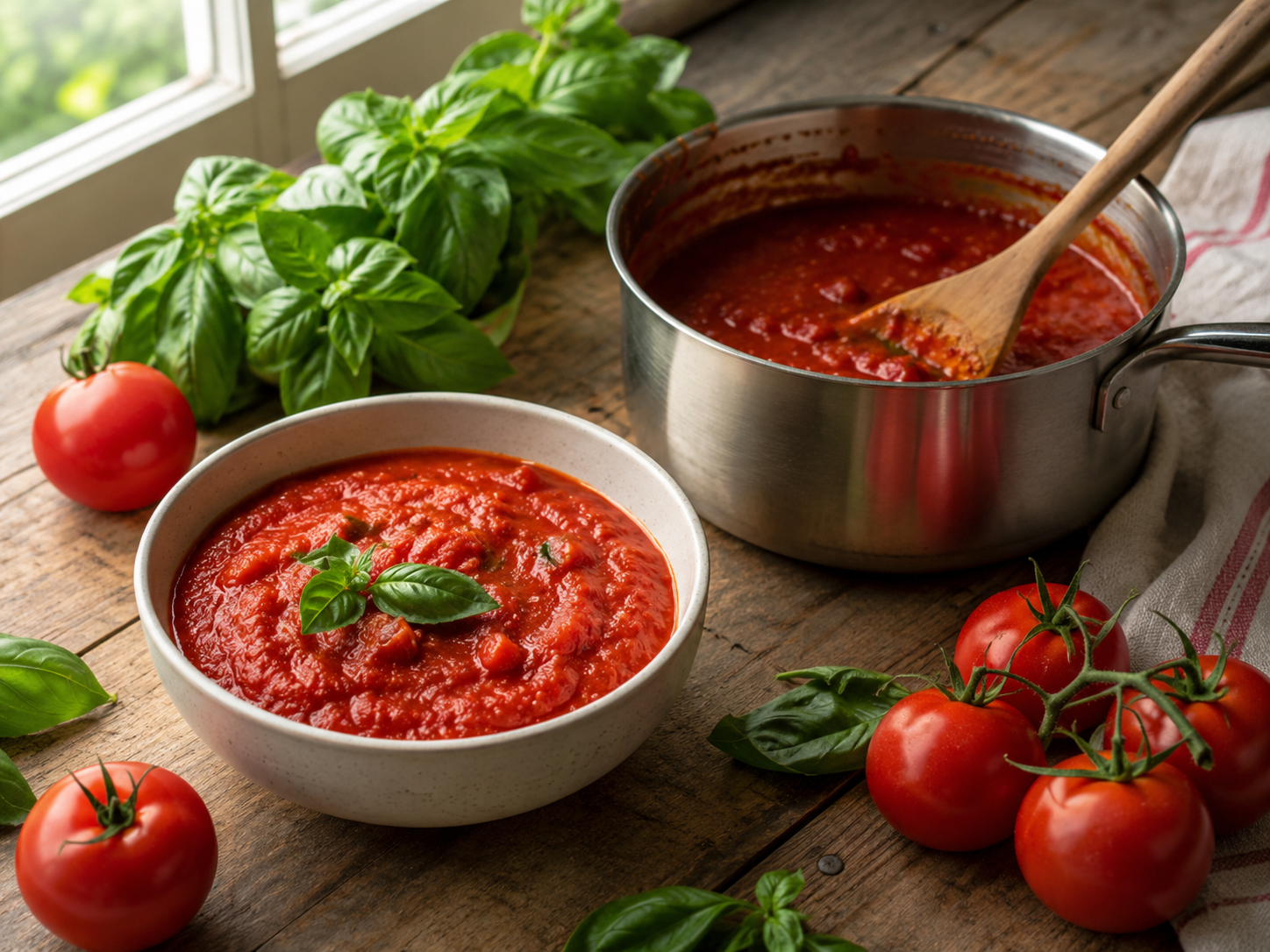Bowl of homemade tomato sauce with fresh basil