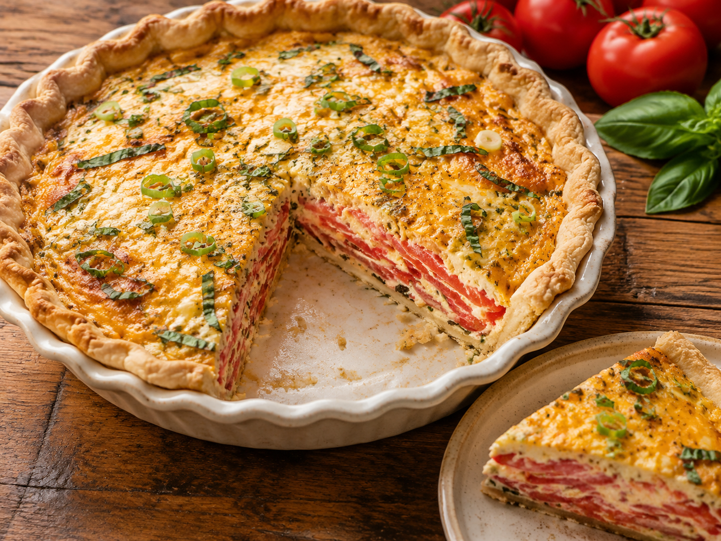 Golden Southern tomato pie with layered ripe tomatoes and browned cheese