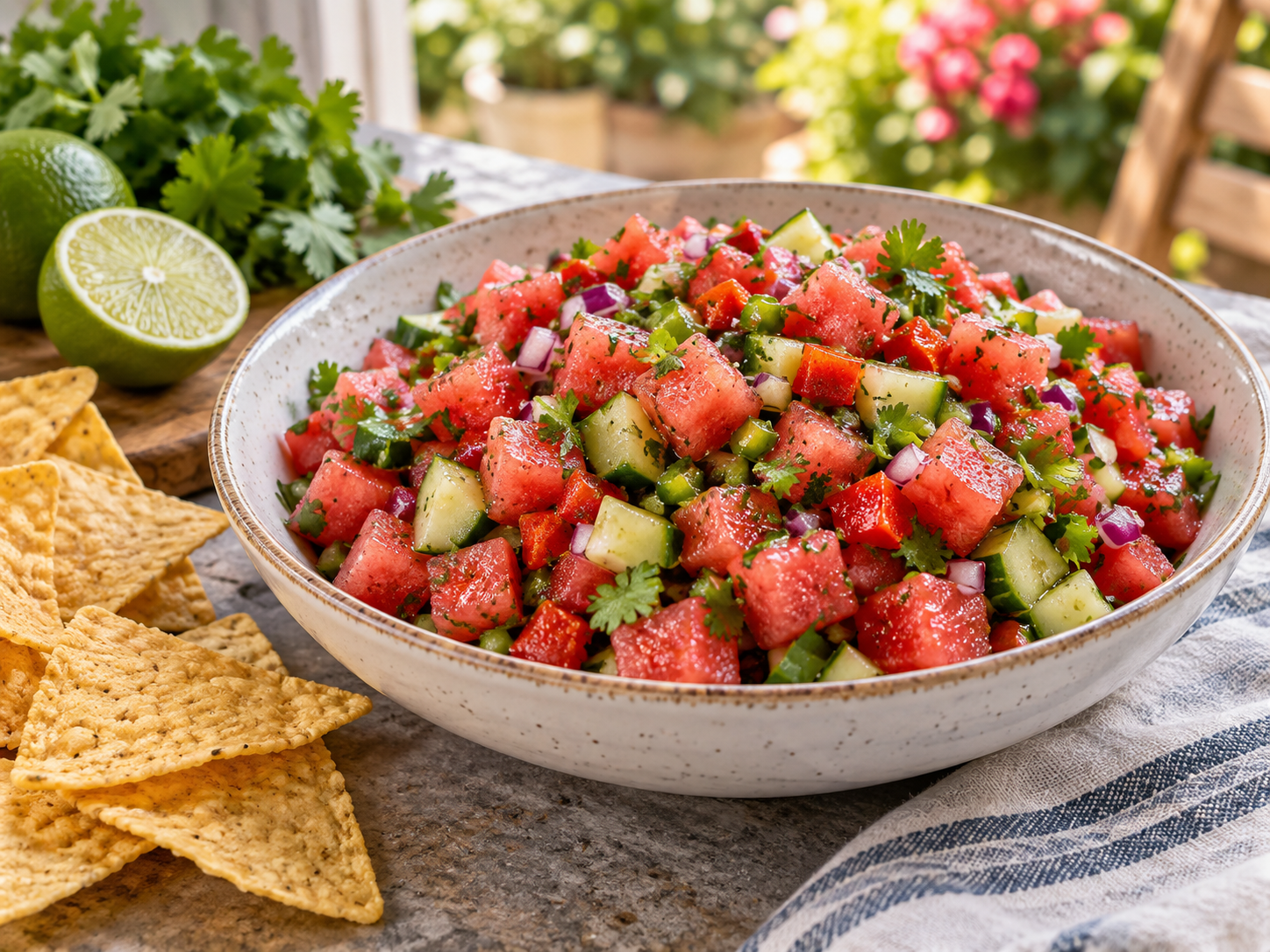 Fresh watermelon salsa with cucumber, red pepper, jalapeno, red onion, cilantro and tortilla chips