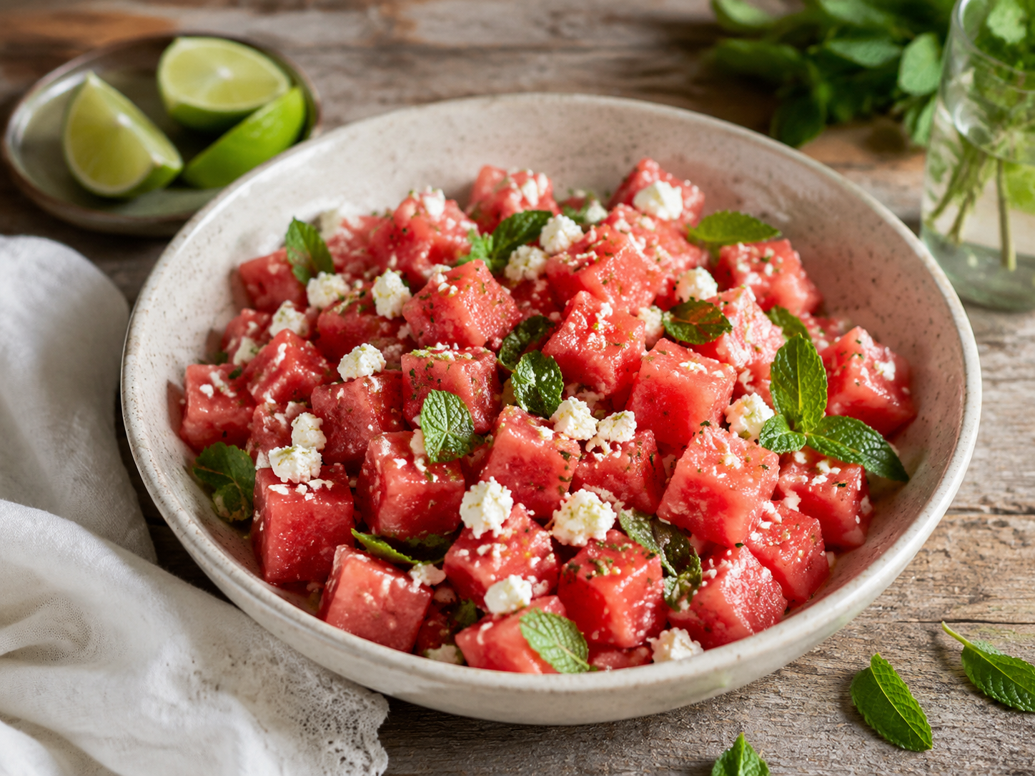 Watermelon salad with feta cheese and fresh mint