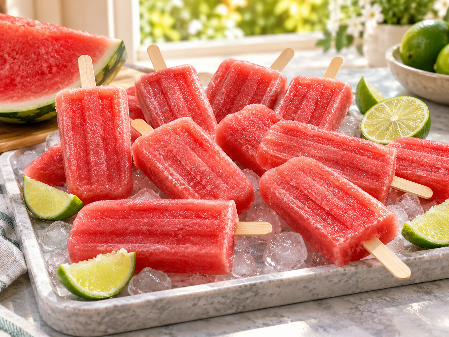 Bright pink watermelon lime popsicles with natural fruit texture and fresh lime wedges