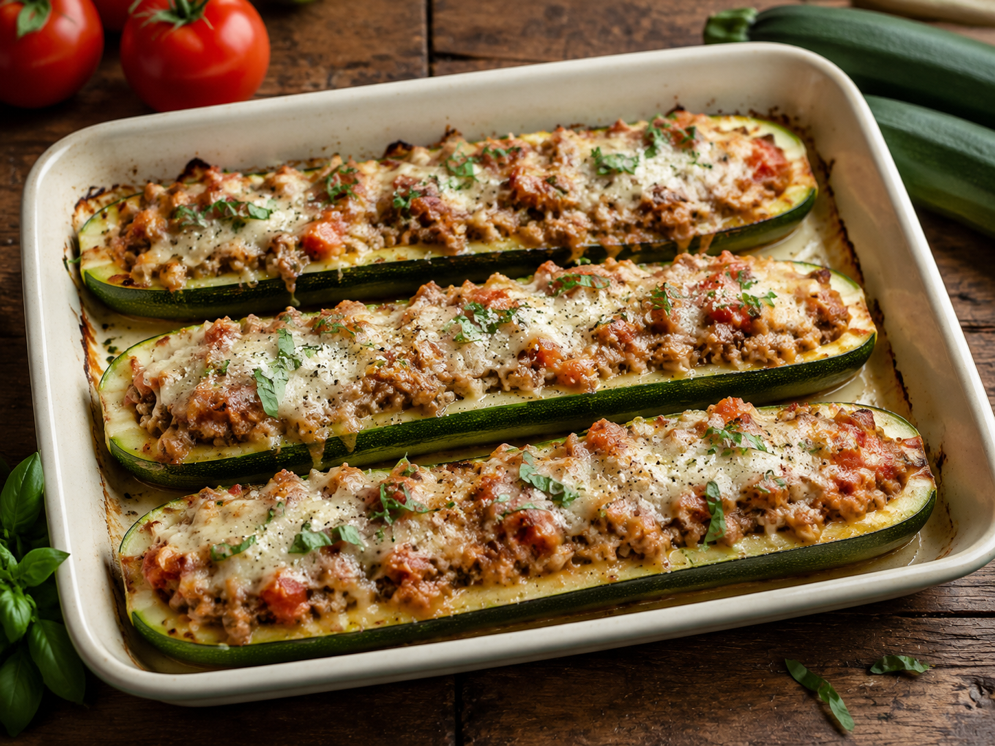 Baked zucchini boats filled with Italian sausage, tomatoes and melted cheese