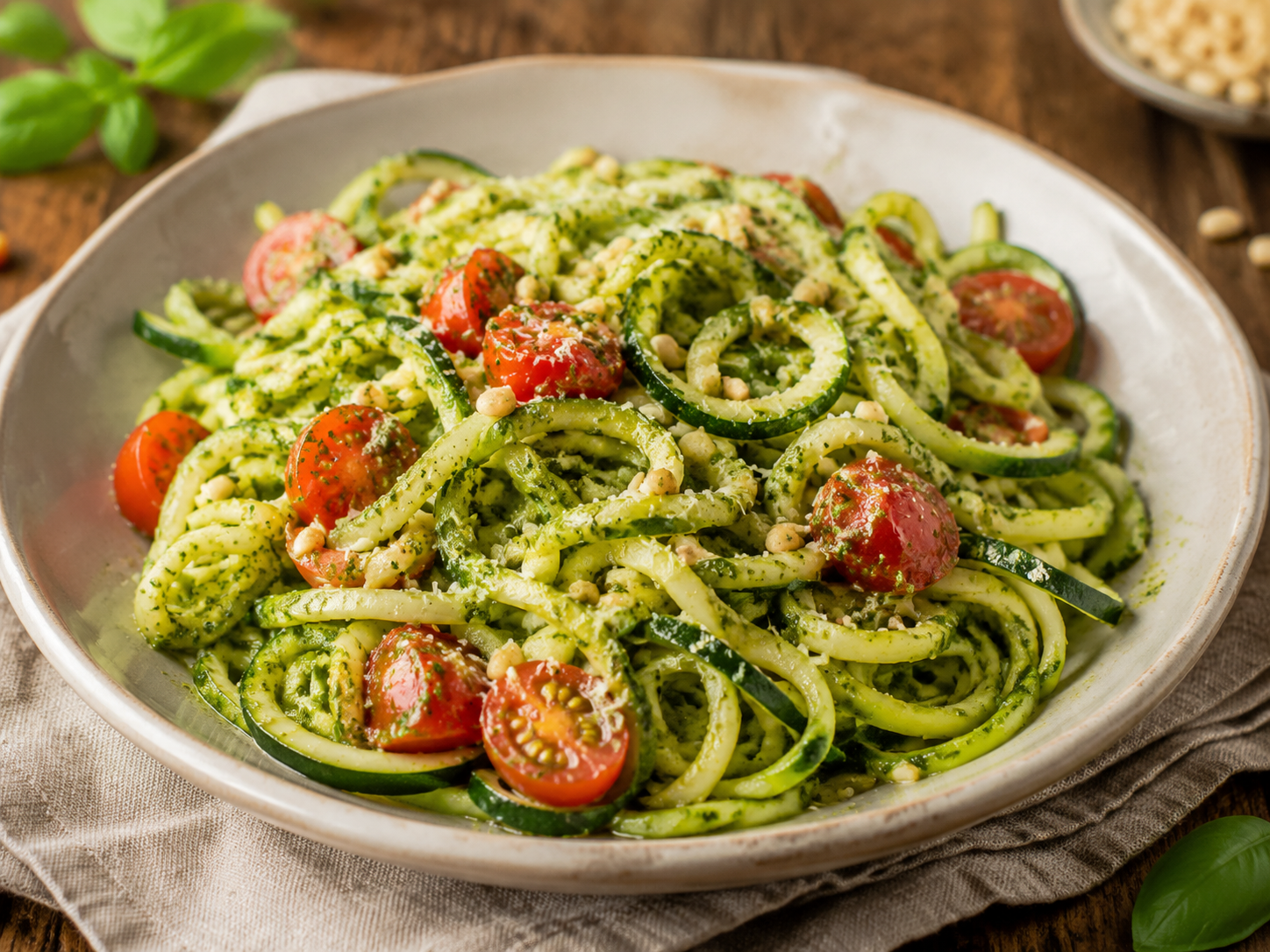 Zucchini Noodles with Pesto prepared with garden-fresh zucchini